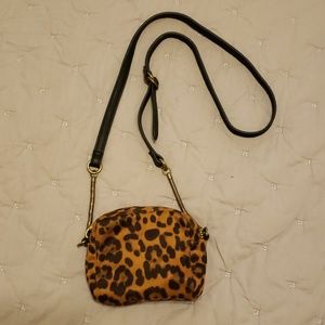 Small, faux suede leopard print cross body purse